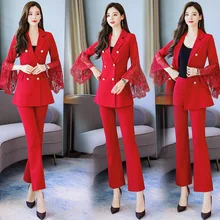 ^#Cheap Temperament women's suits New autumn slim stitching lace long sleeve ladies jacket Casual trousers Two-piece set high quality ^#Cheap Temperament women's suits New autumn slim stitching lace long sleeve ladies jacket Casual trousers Two-piece set high quality