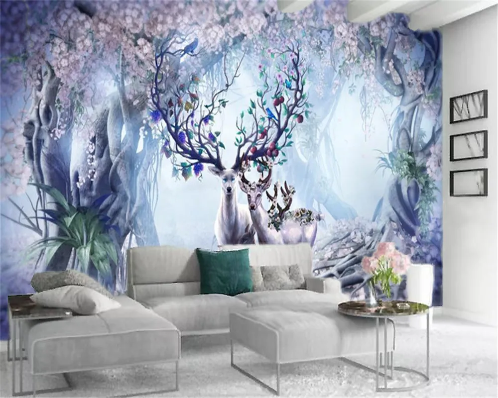 3d Silk Wallpaper Sika Deer in Fantasy Flower Sea Forest Living Interior Decoration Mural of Room Bedroom | Обустройство дома