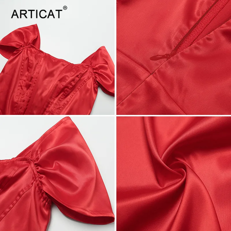 Articat, сексуальное, необычное, с открытыми плечами, красное платье, женское, без бретелек, с разрезом, миди, сатиновое платье для женщин,, элегантные, вечерние, для клуба, Vestidos