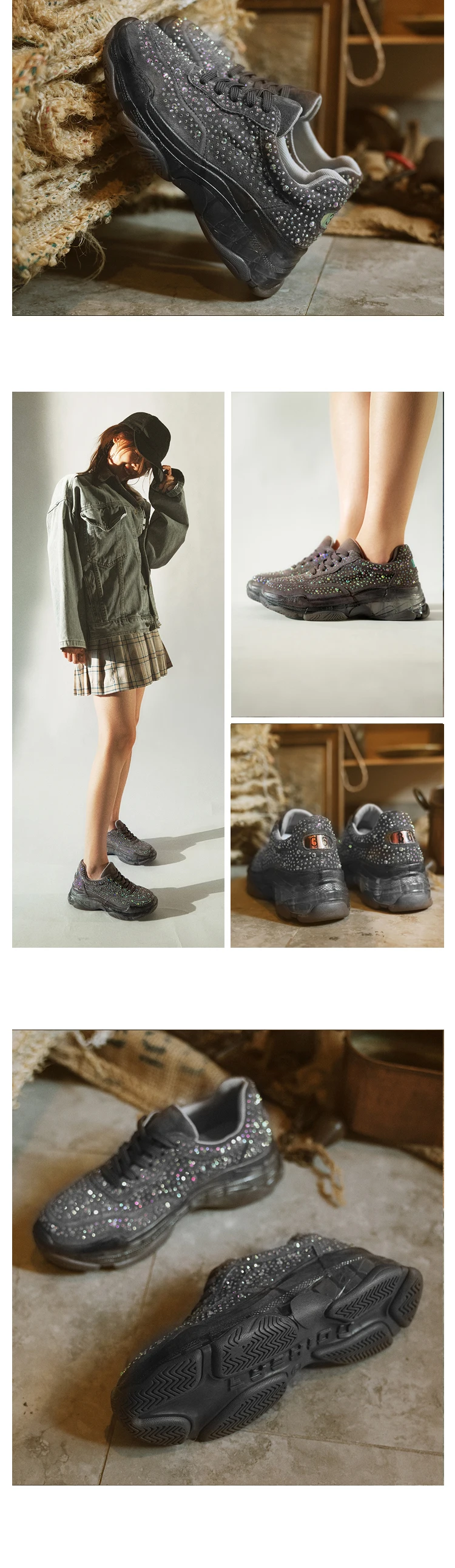 Fujin/женские кроссовки на платформе; стразы; блестящие криперы; дышащая женская повседневная обувь на шнуровке; Ins