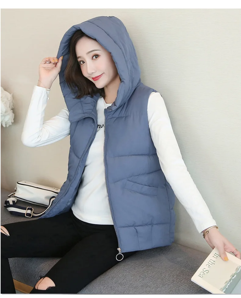 Lugentolo Women Vest Short Cotton Clothing Fashion Autumn and Winter Loose Solid Color Zipper Hooded Casual Vest Cotton Clothing