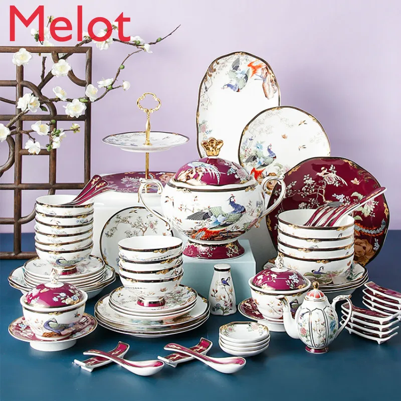 

Affordable Luxury Exquisite Household Bone China Bowl Dish & Plate for One Person Chinese Style Ceramic Tableware Set