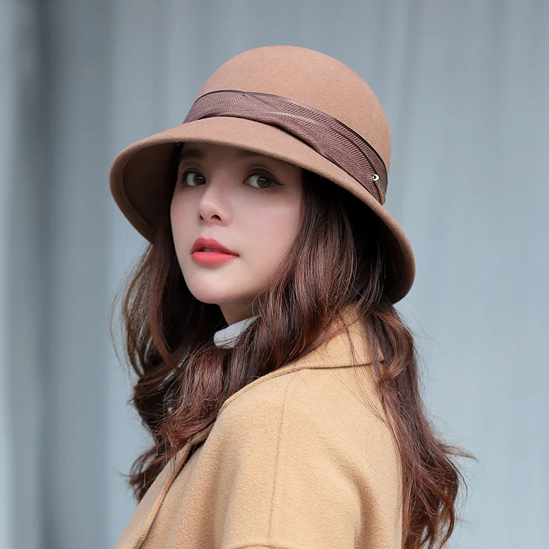

Winter Women Fisherman Hat Genuine Wool Belt Brand Design Bucket hats Felt Hat Fedoras Adjustable