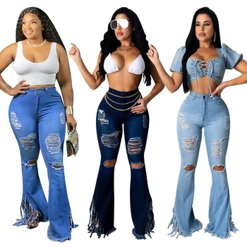 

Ripped Tassel Denim Jeans Destroyed Knee Holes Flare Pants Trousers Women Denim Skinny Trousers High Waist Jeans Washed Jeans
