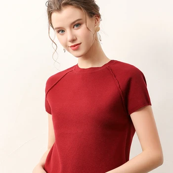 

2020 summer high-quality wool-blend short-sleeved pullover ladies round neck solid color knitted casual short-sleeved sweater T-