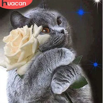 

Huacan DIY Animal Diamond Painting Cross Stitch Full Square Round Diamond Embroidery Cat and Flower Mosaic Rhinestones Pictures