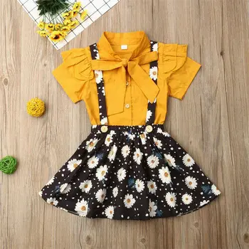 

Kids Baby Girl Dress Outfit Fly Sleeve Shirt Top Suspender Strap Skirt Floral Clothes Sets