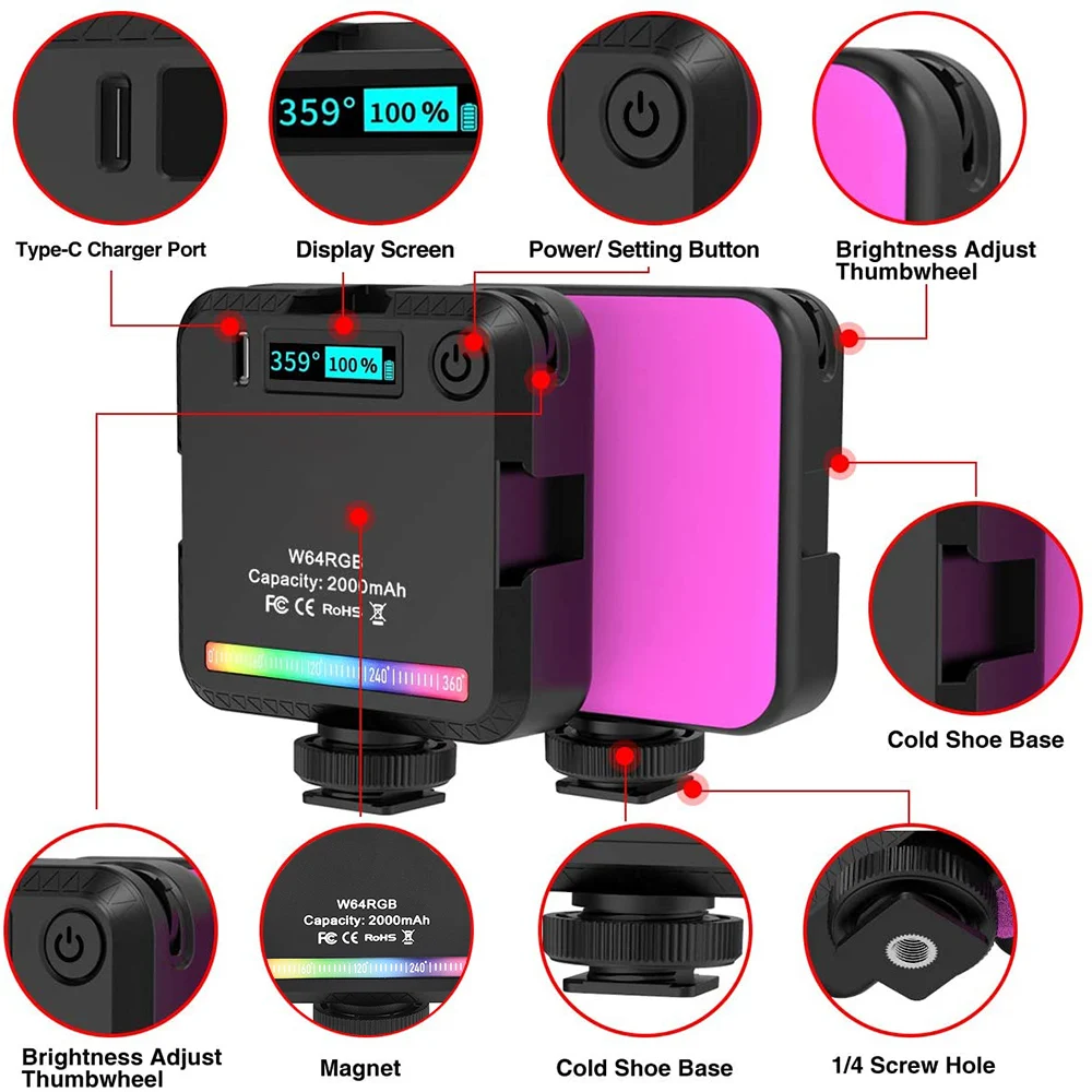 Upgraded VL49 RGB Full Color LED Video Light 2500K-9000K 800LUX Magnetic Mini Fill Light Extend 3 Cold Shoe 2000mAh Type-c Port