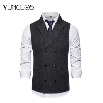 

YUNCLOS Herringbone Pattern Double-breasted Vest Men Party Banquet Business Casual Chaleco Hombre Men Wedding Vest S-2XL
