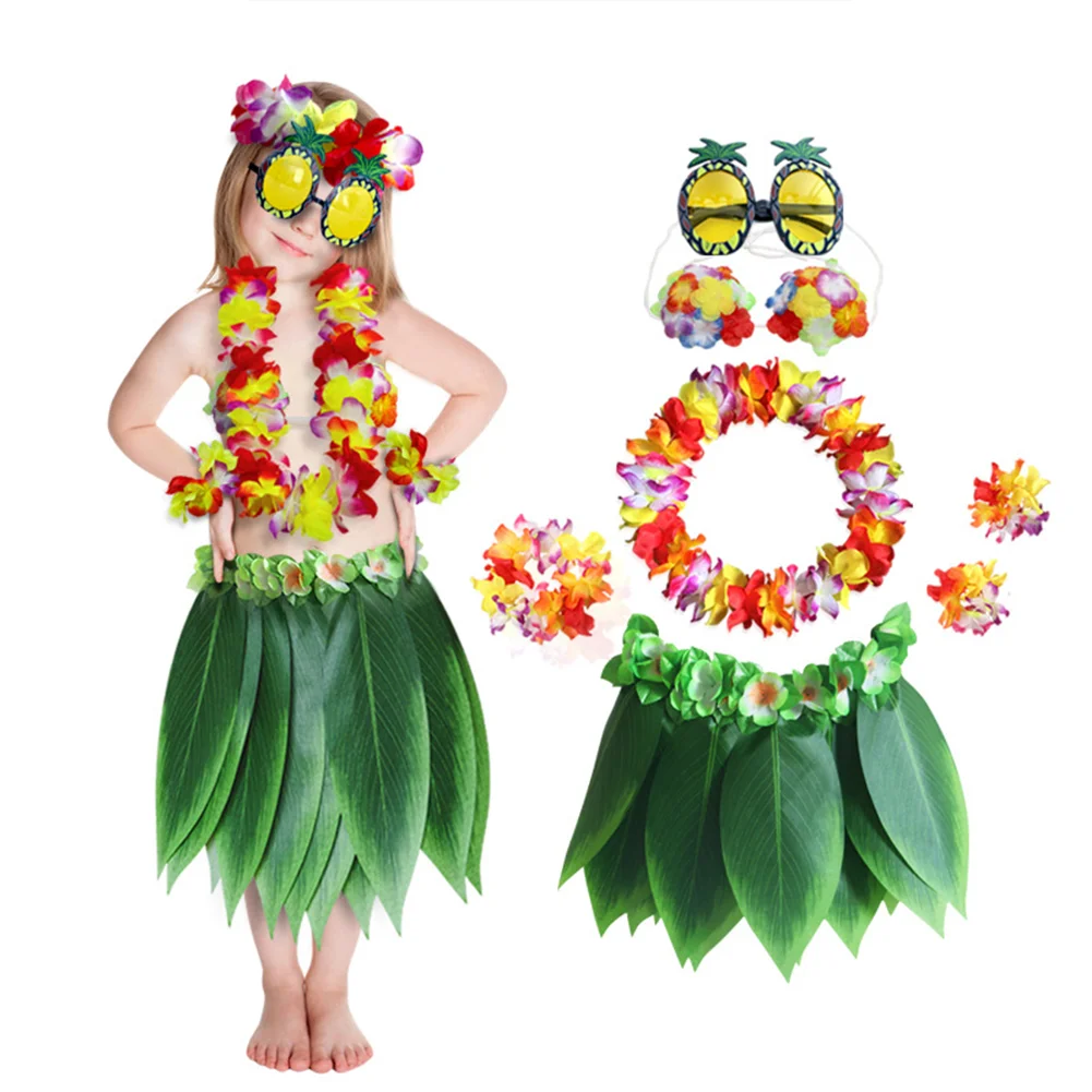 Пижама для детей и взрослых, Гавайская Юбка с Стиль пляжная цветы листьев лотоса юбка "Хула" солнцезащитные очки из венка и костюм с цветочками 6 шт набор опора