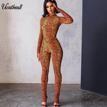 

New Fashion Women Leopard Printed Jumpsuits Female Romper Ladies Playsuit Turtleneck Club Party Skinny Long Sleeve Trousers