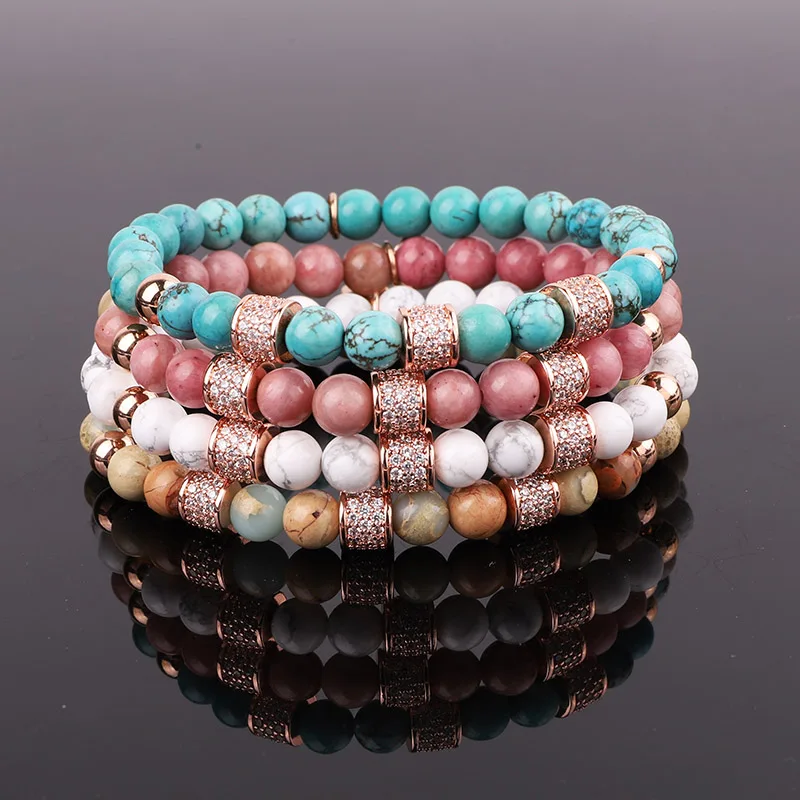 New Fashion Natural Stone Beaded CZ Pave Ball Charm Elastic Beads Bracelet For Women Jewelry Gift