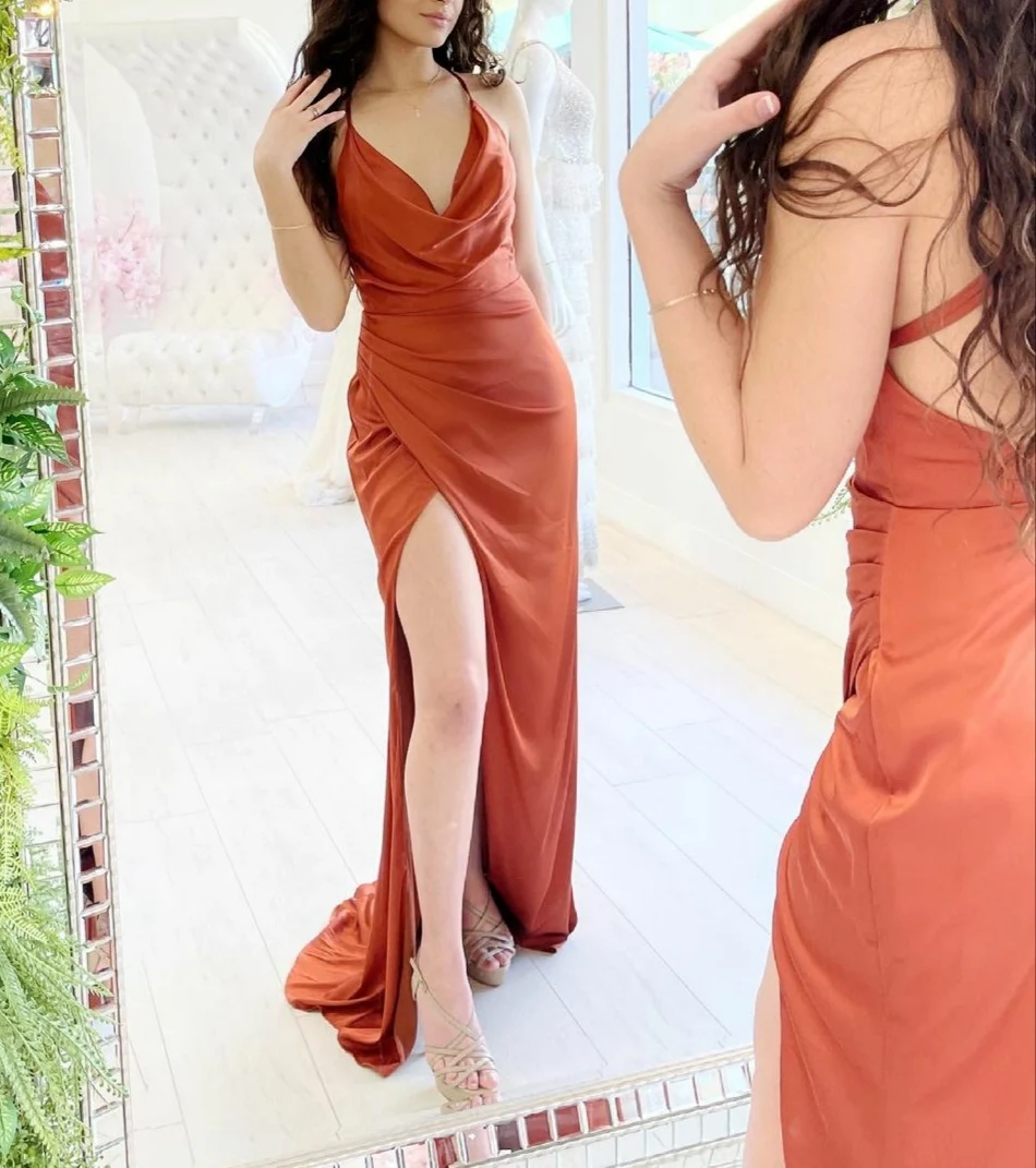

Sexy Long Burnt Orange Mermaid Evening Dresses with Slit Floor Length Corset Back Satin V-Neck Formal Party Dresses for Women