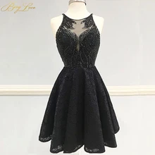 BeryLove черный платье для выпускного вечера топ на бретельках с ТРАПЕЦИЕВИДНОЕ кружевное Бисер Выпускной платье с открытой спиной длины упаковка гофрированные коктейльное платье
