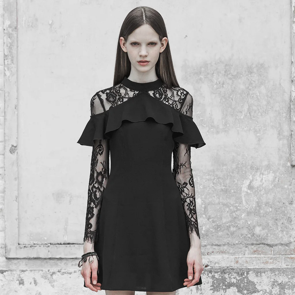 Панк RAVE женское кружевное сшитое платье с оборками шифоновое вышивкой и длинным
