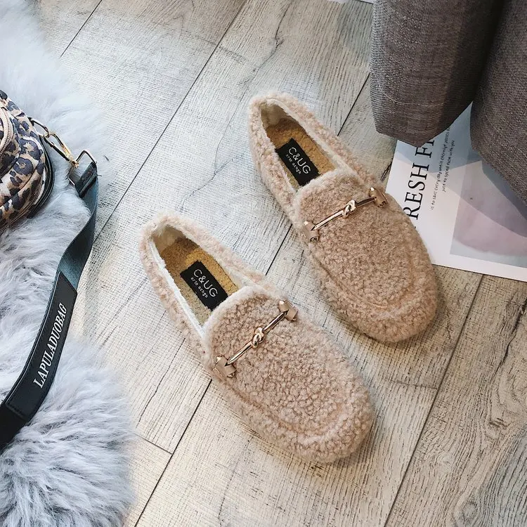 

2019 Autumn And Winter Korean-style Slip-on Moccosins Women's Metal Flat plus Velvet Warm Fluffy Shoes Source