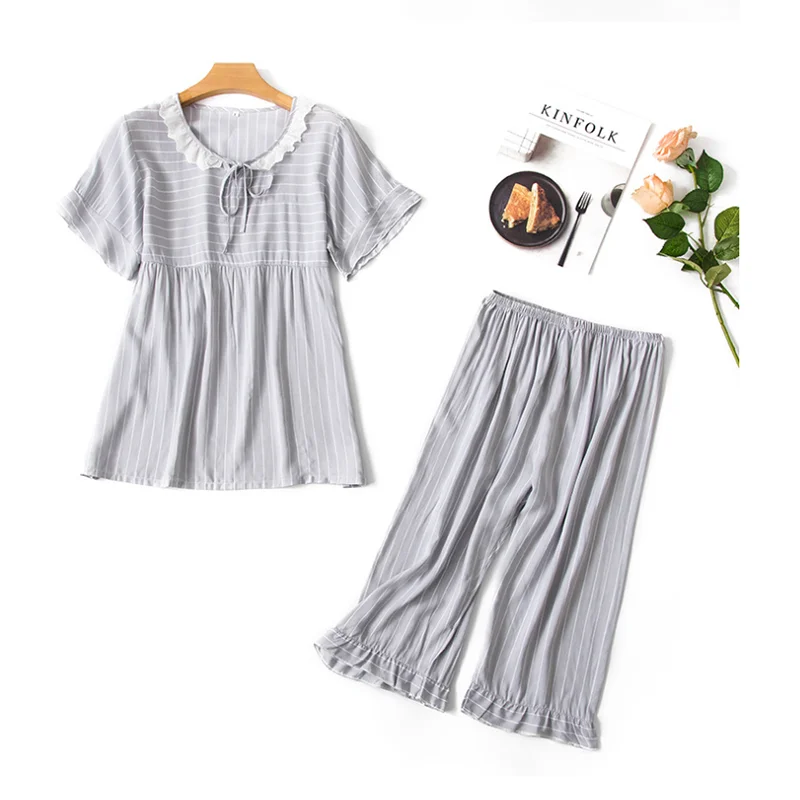O Striped Grey Женское сексуальное летнее белье Pijiama хлопковое Полосатое с принтом и коротким рукавом, пижамы, корейское платье из двух предметов, розовые пижамные комплекты, одежда для сна - Цвет: O Striped Grey