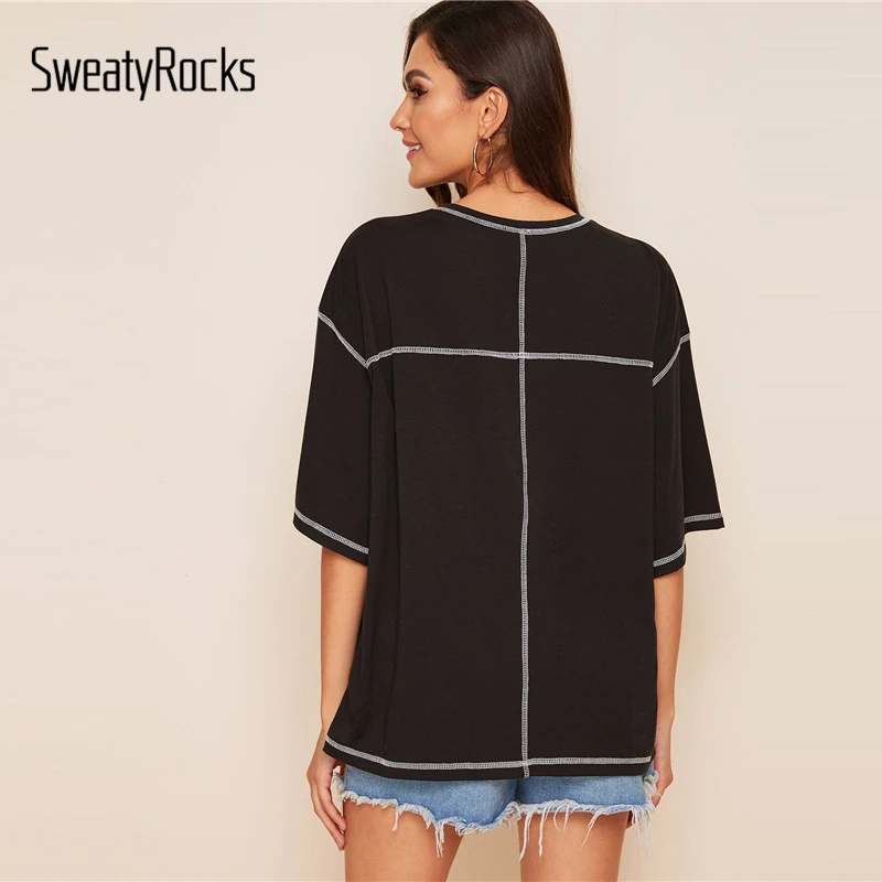 SweatyRocks черная футболка с заниженным плечом и контрастной строчкой уличная футболка с коротким рукавом женские футболки Летние повседневные женские базовые футболки