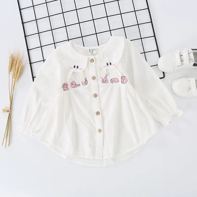 Рубашка в Корейском стиле для девочек отложной воротник с кроликом Питер Пэн Топы Осень детская одежда вышивка длинный рукав