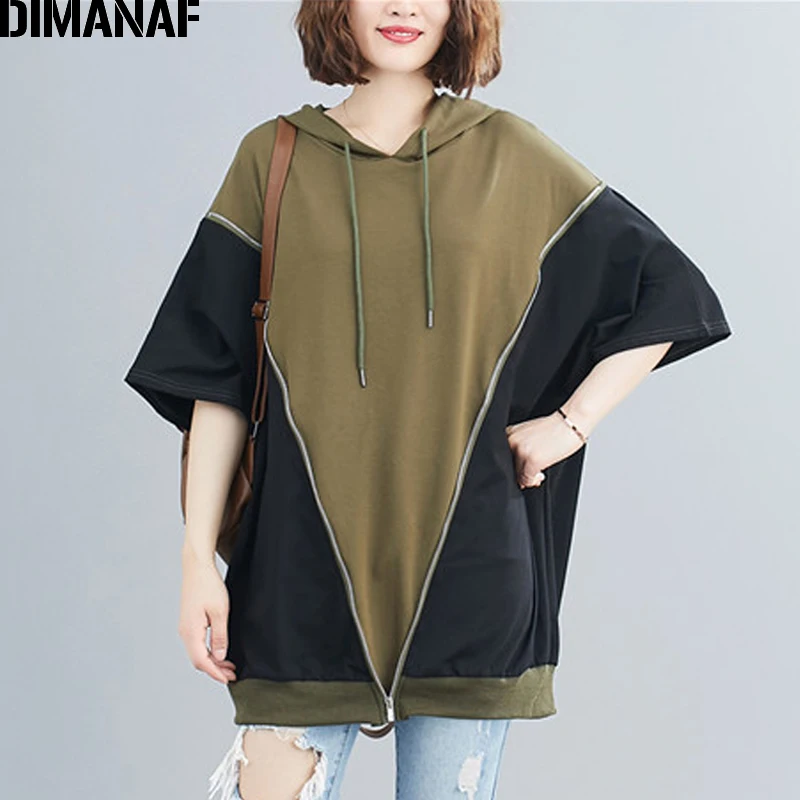 

DIMANAF Plus Size Women Hoodies Sweatshirt Cotton Pullover Tops Hooded Black Zipper Spliced Loose Batwing Sleeve Female Clothing