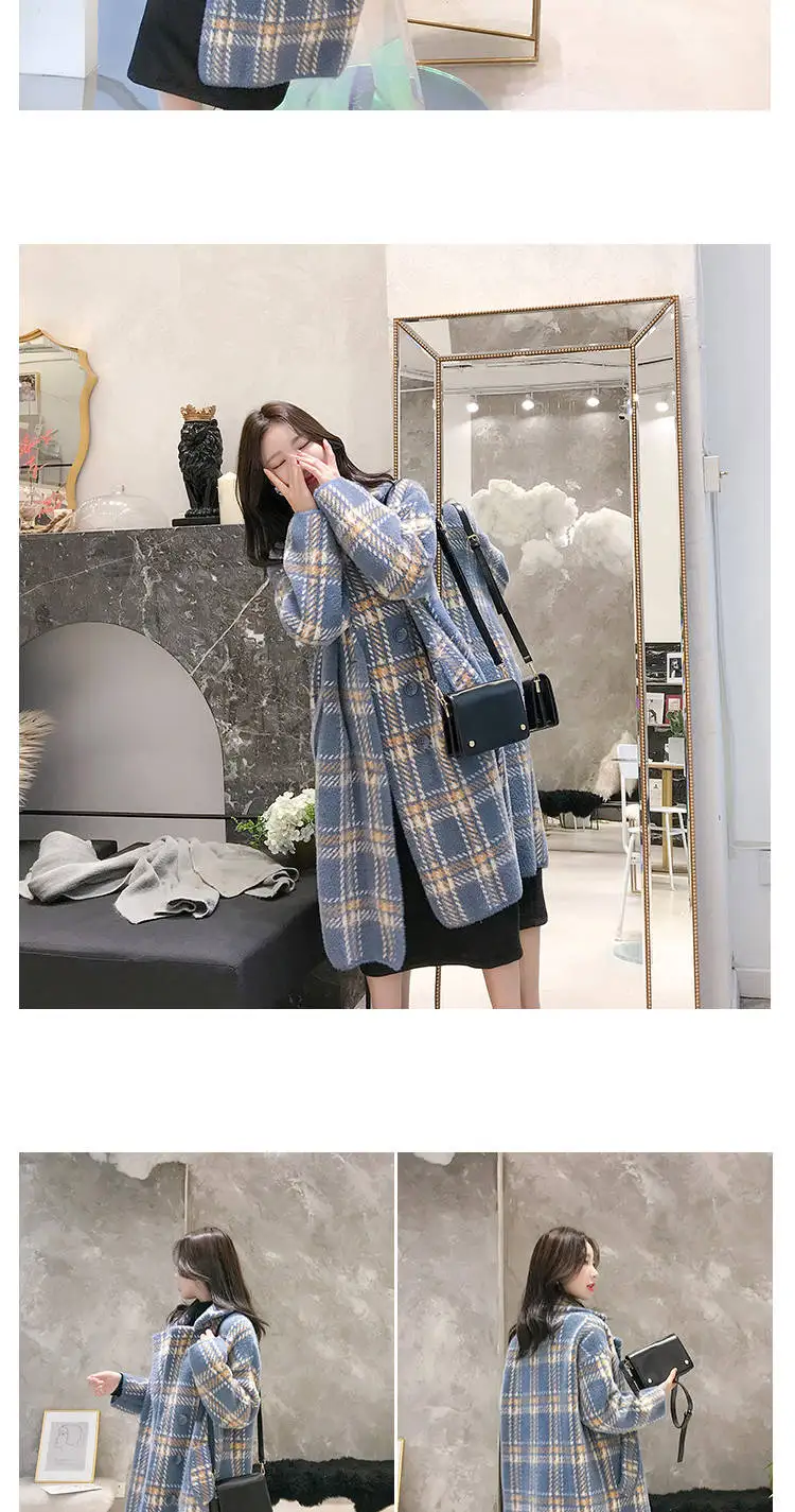 JuneLove autumn elegant plaid women fashion woolen coats ladies casual turn-down collar coats vintage Loose female warm outwears