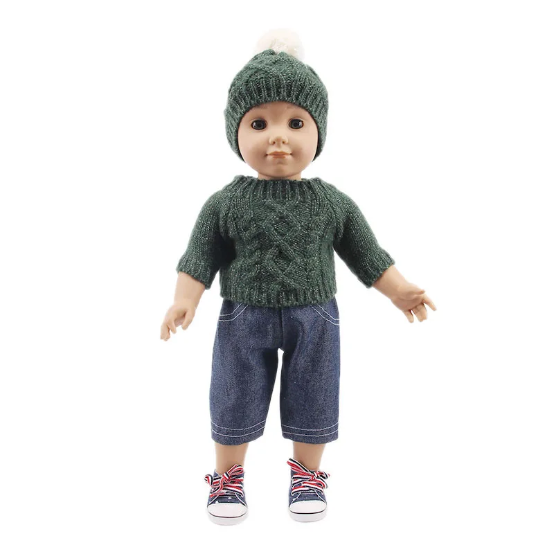 Кукла вязаный свитер комплект одежды = шляпка+ топ+ джинсы для 18-дюймовые с капюшонами в американском и 43 см для ухода за ребенком для мам-новорожденная кукла поколения на Рождество и день рождения для девочек, подарок