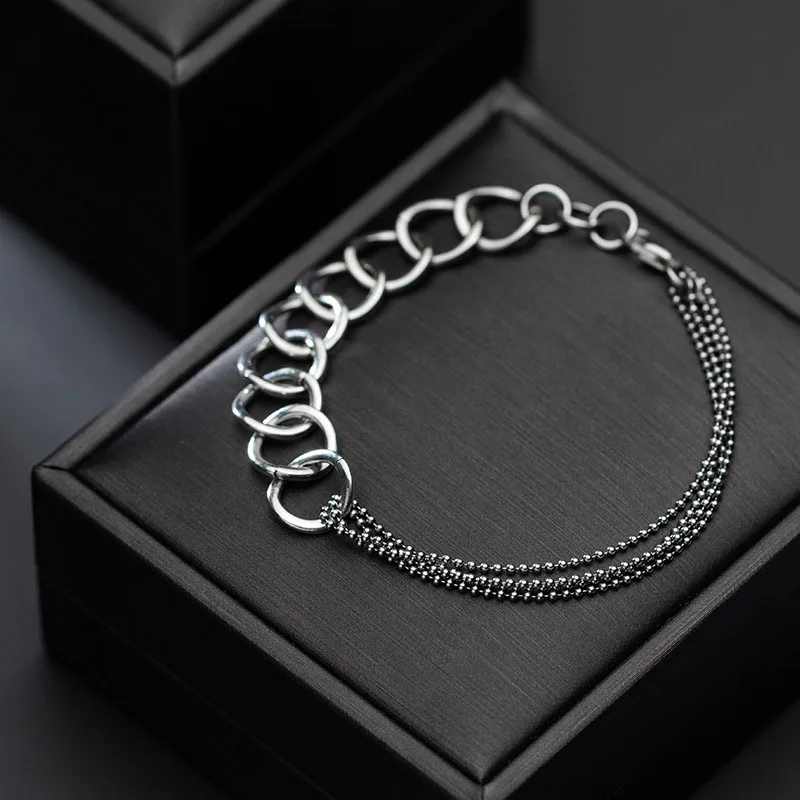 925 Sterling Silver Widht Round Beads Multi Layer Asymmetric Bracelets Irregular Circle Trendy Women's Bracelets Silver Jewelry
