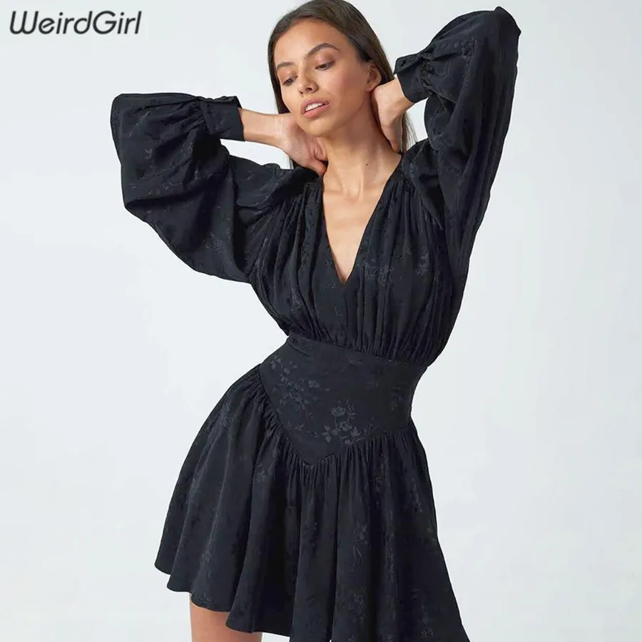 Weridgirl женское французское ретро платье с цветочным узором, высокая улица, тонкое, сексуальное, v-образный вырез, пышные рукава, свободное, осень, новинка, vestidos