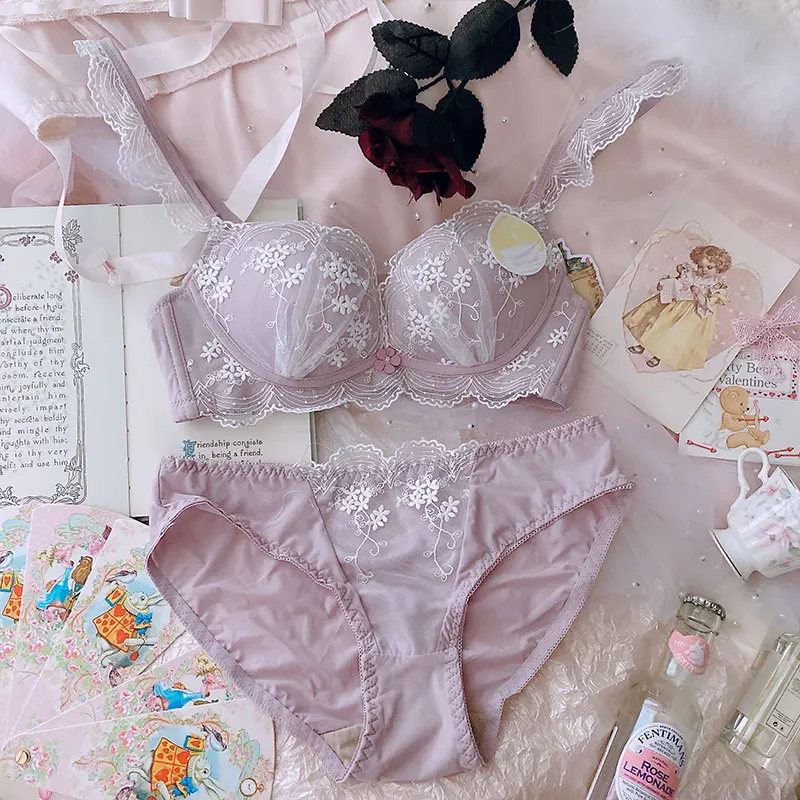 Summer thin cute underwear set pure desire girl fairy soft steel ring transparent perspective petal princess chiffon bra set