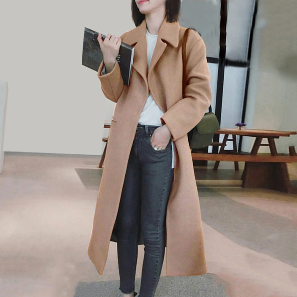 

ADISPUTENT New Women Solid Color Wool Blend Long Coat Long Sleeve Turn-Down Collar Warm Autumn Winter Wool Women Casual Jackets
