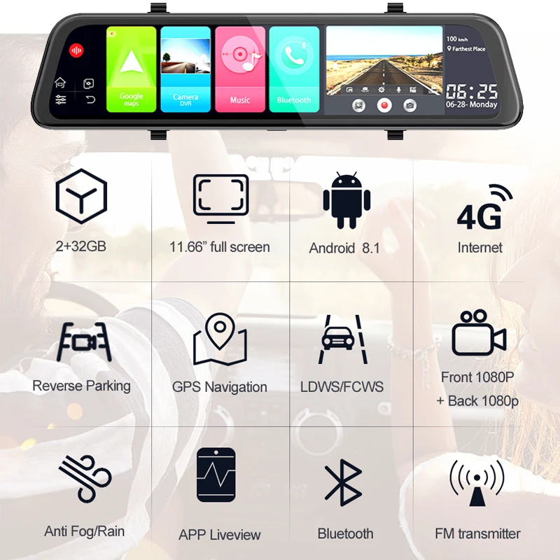 11,6" 2G+ 32G Android 8,1 Автомобильный видеорегистратор gps Bluetooth навигация спереди и сзади 1080P видео рекордер 4G Wifi ADAS Обратный парковочный видеорегистратор