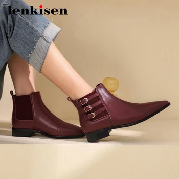 

Lenkisen new fashion boots real leather buckle decorations stretch pointed toe thick low heel slip on gorgeous ankle boots L01
