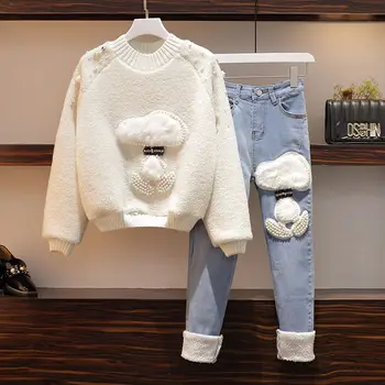 

Korean Women 2 Pieces Set Winter Fashion Embroidery Cartoon Sweater And Jeans Casual Streetwear Denim Pants Suit Plus Size 4XL