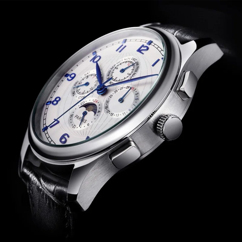 Parnis 44 мм белый циферблат Мужские часы Moon Phase SS чехол Черный Многофункциональный кожаный ремешок Автоматический ход Мужские t мужские s часы человек