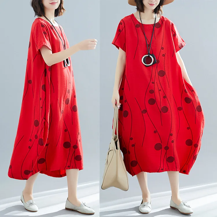 

2019 Summer Wear New Style Korean-style Printed Loose-Fit Slimming Short Sleeve Cotton Linen Dress Women's Fashion