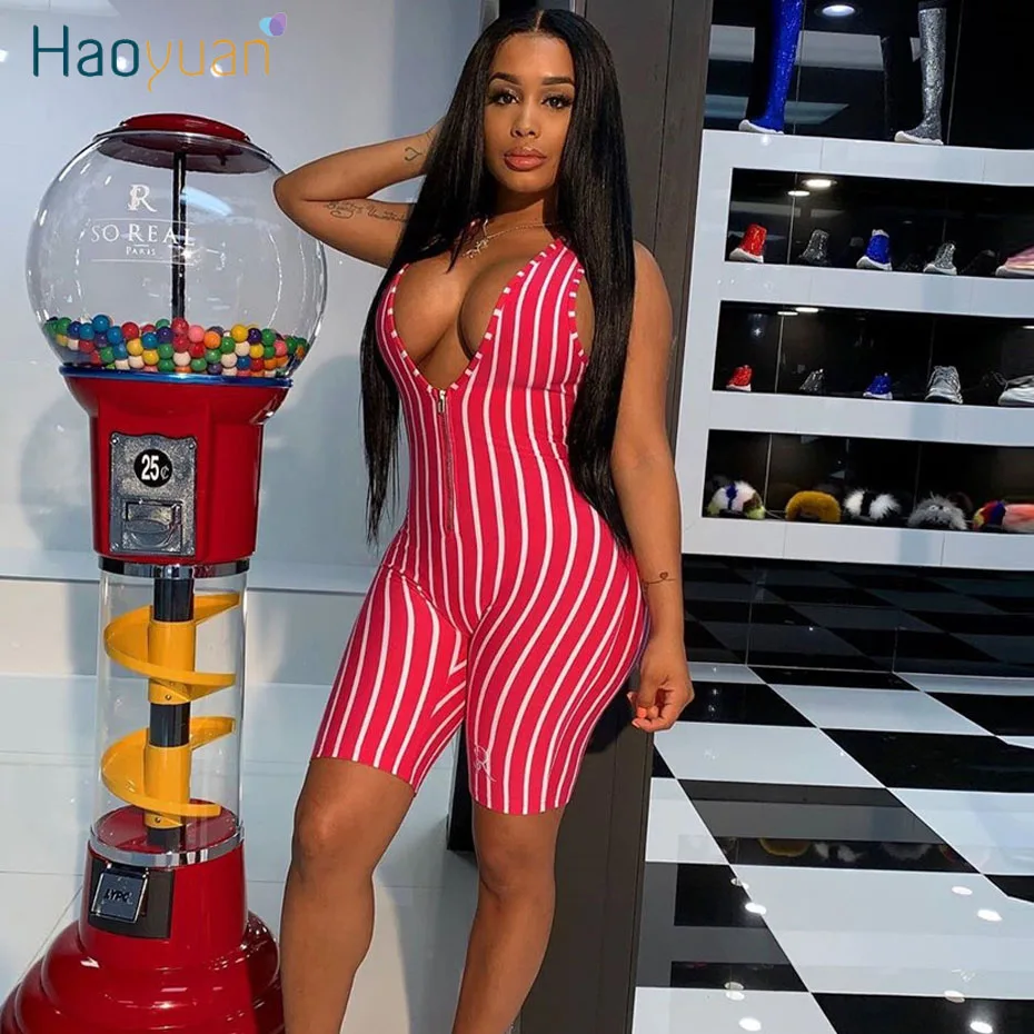 HAOYUAN Sexy Striped Rompers Womens Jumpsuit Biker Shorts 2020 Summer Body Clother One Piece Club Outfits Zip Bodycon Playsuits HAOYUAN Sexy Striped Rompers Womens Jumpsuit Biker Shorts 2020 Summer Body Clother One Piece Club Outfits Zip Bodycon Playsuits
