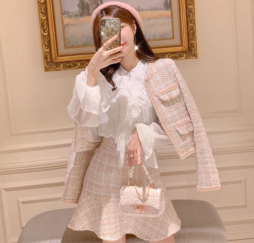 Small fragrant Wind Tweed Suits Fall Winter Women Pink Plaid Weave Woolen Jacket Coat+ Tassel Ruffles Mermaid Bodycon Skirt Set