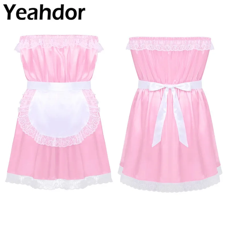 

2Pcs Mens Maid Cosplay Costume Sissy Lingerie Set Strapless Wide Lace Edge Elastic Silky Satin Role Play Fancy Dress with Apron