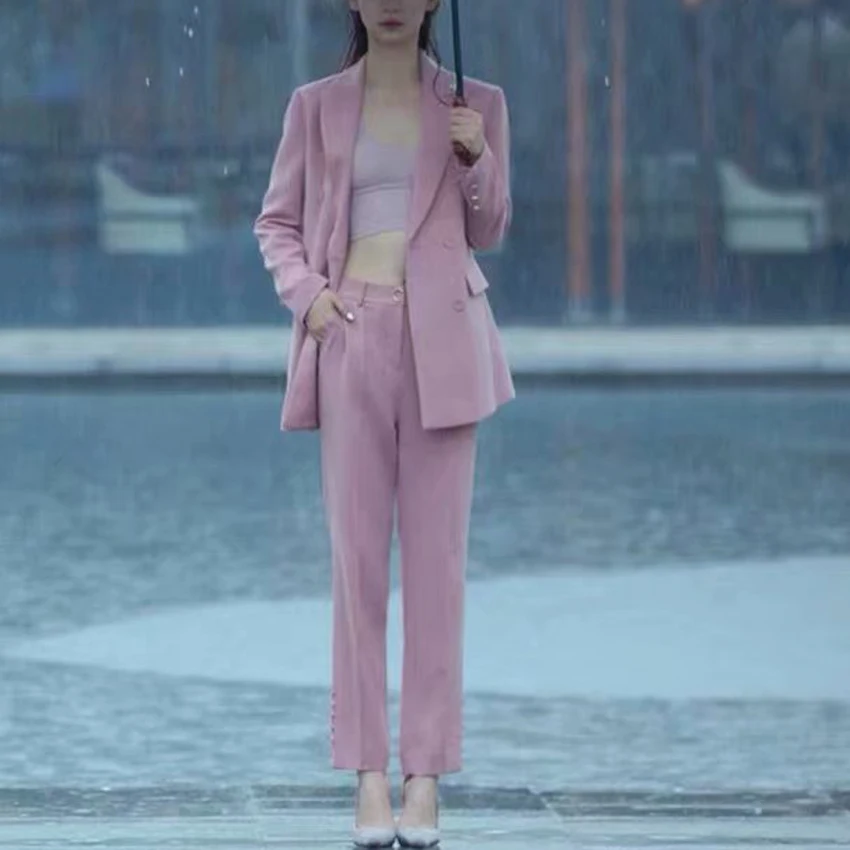 

HIGH QUALITY Fashion 2019 Designer Trousers Set Women's Cloth Buckle Gold Metal Button Solid Pink Blazer Jacket Split Pants Sets