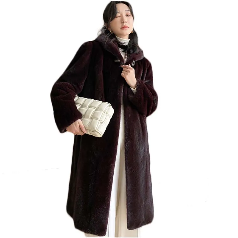 

Black Mink Coat Women's Winter 2021 New Imported Velvet Mid-Length Hooded Elderly Mink Fur Mother Outwear Y723