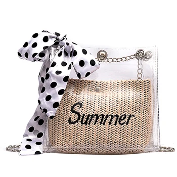 

Fashion Straw Bucket Silk Scarf Chain Messenger Bag Summer Transparent Bag Shoulder Bag Beige