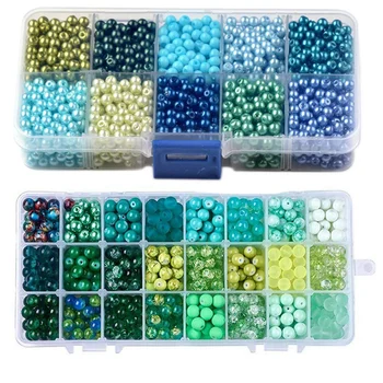 

2 Boxs Glass Pearl Beads Scattered Beads Boxed DIY Jewelry Accessories, Green & Blue-Green