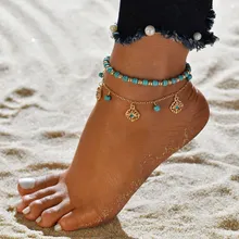 LETAPI Bohemian Blue Beads Ankle Bracelet for Women Leg Chain Gold Color Flower Anklet Vintage Beach Foot Jewelry