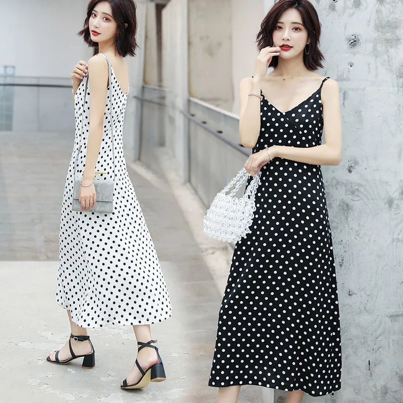 

Fashion Dot Printing Long Dress Women Sleeveless V-Neck Casual Dresses Lady Summer Beach Party Dress Sundress Vestidos