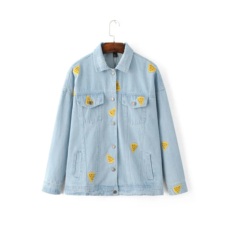 

2017 Spring New Style Fruit Embroidered Washing Cowboy Single Breasted Cowboy Jacket Women's