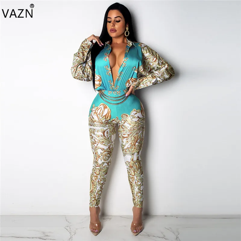VAZN SN4400 Новые комбинезоны Yong Lady Of Note сексуальная мода Ретро Печать Поло шеи с длинным рукавом Эластичный женский карандаш шифоновый комбинезон