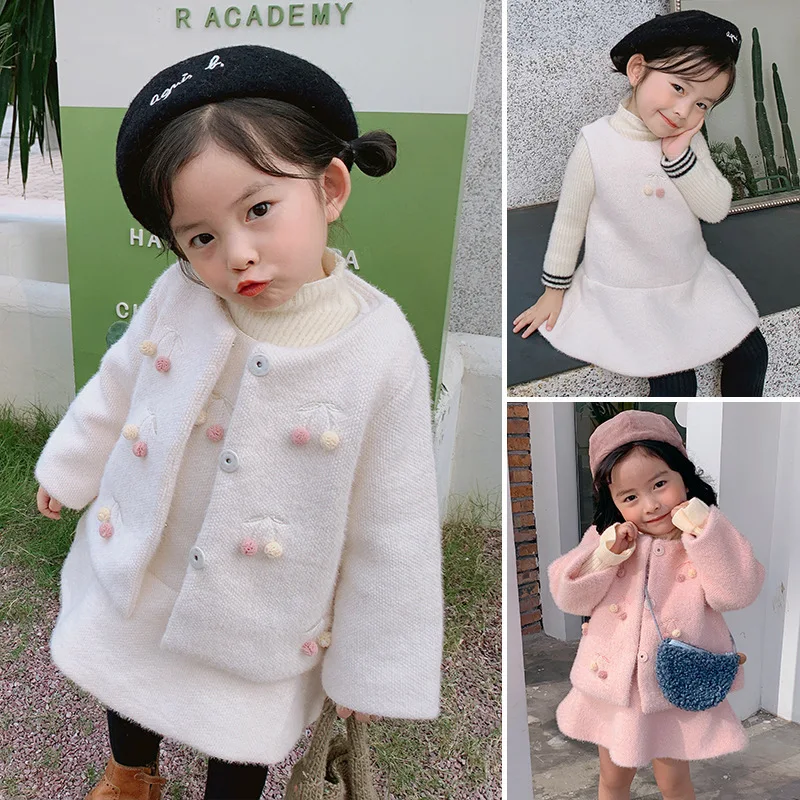 

Girls Western Style Clothes 2019 Winter Children's Suit Girls Three-dimensional Cherry Vest Skirt Short Coat Two-piece Set 2-6T