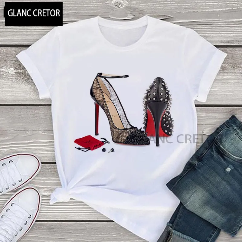 Camiseta de manga corta para mujer, ropa a la moda, zapatos de tacón alto, camisetas blancas, camiseta estampada para mujer 2021