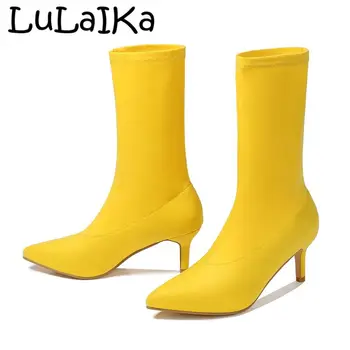 

Sexy Sock Boots Exotic Dancer Fine High Heels 2020 Spring Autumn Winter Ankle Boots Female Pointed Leather 11 Cm Size 35-42