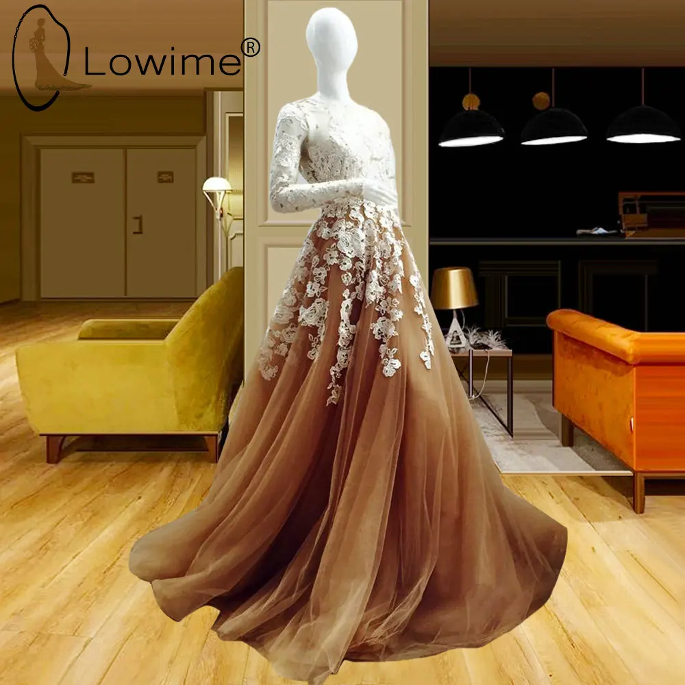 

Contrast Color Ivory and Brown Evening Dresses 2021 A Line Long Sleeve Tulle Prom Party Gowns Middle East Formal Robes